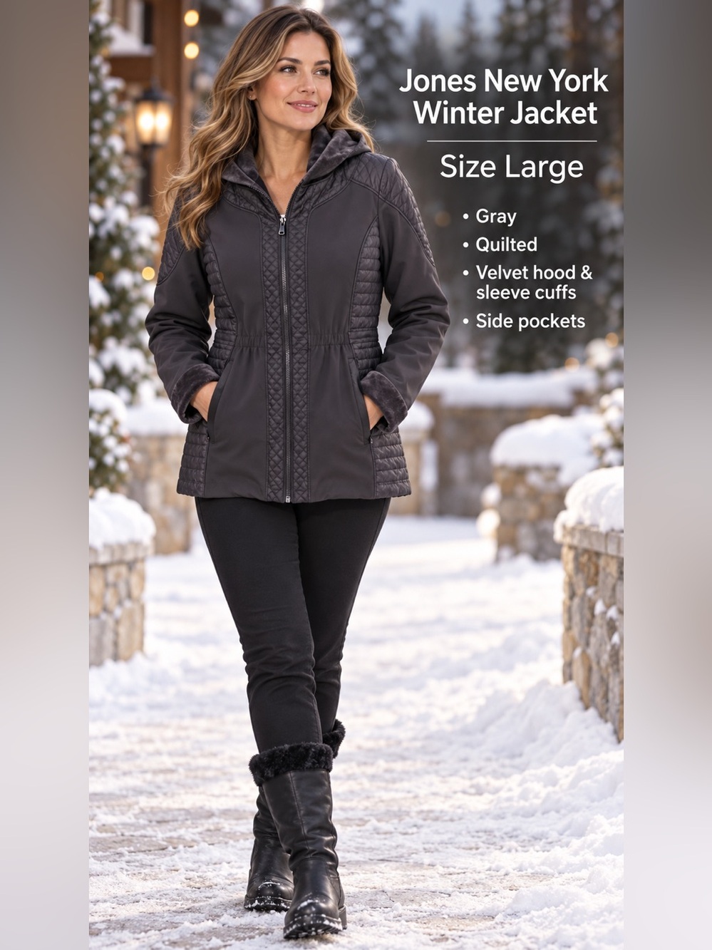 Jones New York Gray Quilted Hooded Winter Jacket